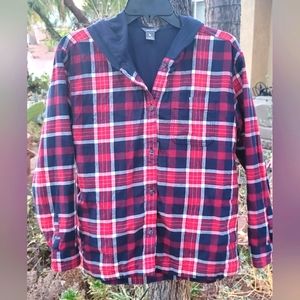 EDDIE BAUER 100% COTTON LINED BUTTON UP HOODIE JACKET SHIRT 3 POCKETS WO…